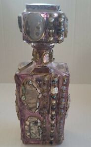 Hand Embellished Glass Bottle Purple With Beads And Stone - Signed by artist 