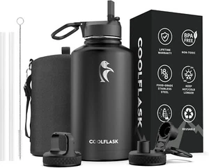 Water Bottle 64 oz 2 Liters 1900ml Insulated with Straw 3 Lids Large Metal - Picture 1 of 8