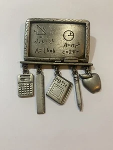 Vintage signed JJ Jonette Pewter School Teacher Math Chalkboard Charm Brooch Pin - Picture 1 of 3