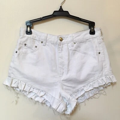 Nuevo con etiquetas Topshop Kiri Pantalones Cortos Denim Corte Volantes Dobladillo (Blanco) Talla 6 Foto 1 de 4