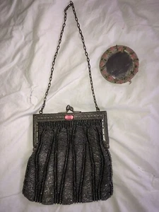Antique mesh micro beaded purse bag art deco Victorian Flapper & Mirror - Bild 1 von 5