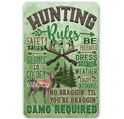Hunting Rules Sign Camo Deer Hunter man cave decor metal tin wall art gift - Image 1 of 2