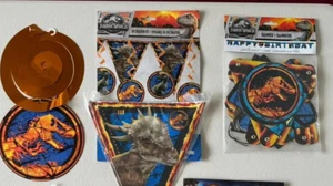 7ct JURASSIC WORLD B'day 1 GAME 3 swirls 2 banner 8ft flag stream & 6.45 ft WALL - Picture 1 of 7