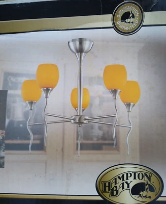HAMPTON BAY 5-LIGHT CHANDELIER BRUSHED NICKLE W/FROSTED AMBER SHADES - LOT OF 10 - Image 1 of 4