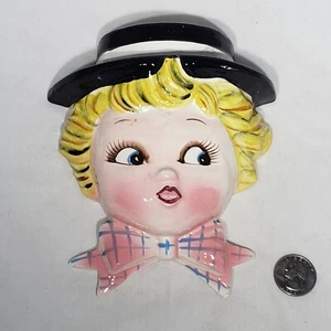 Vintage Lefton Mr. Cutie Pie blonder Junge Wand Tasche Hut Fliege 5,5" x 6" Japan - Bild 1 von 9