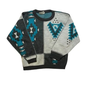 Vintage Justin Allen Size M Pull Over Bold Aztec Southwestern Grey Teal Sweater - Picture 1 of 10