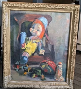 Antico dipinto a olio originale con cornice Knickerbocker Raggedy Ann bambola orso yogi - Foto 1 di 15