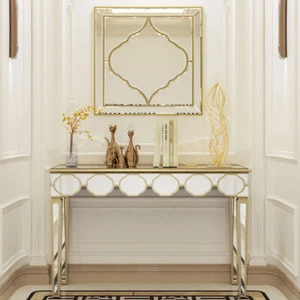Retro Mirrored Glass Top Console Table Vanity Table Accent Wall Mirror Gold Edge - Picture 1 of 45