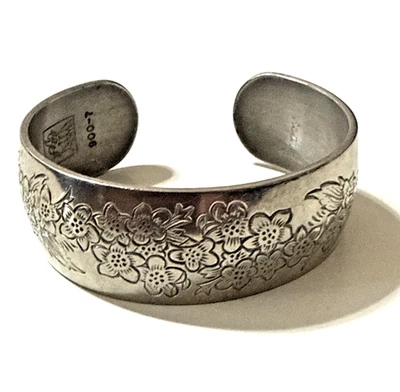 Vintage Kirk Pewter LARKSPUR Etched Cuff Bracelet Flower of the Month August - Image 1 of 4