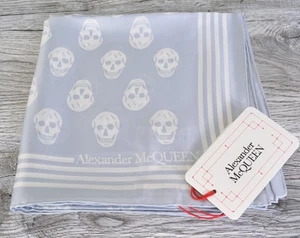 New Alexander McQueen 590929 Silk FO BIKER Border Trim Skull Scarf GREY/WHITE - Picture 1 of 6
