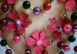 New Joan Rivers 5 Rows Bead Crystal Flower Statement Necklace Pink Purple Green - Picture 1 of 2