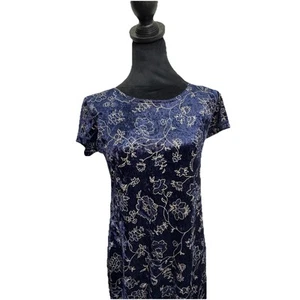 VTG Y2K Small Blue Velvet  Maxi Dress Gold Floral Detail Grunge Whimsy Goth - Picture 1 of 11
