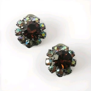 Retro Ohrclips 40er 50er Aurora Borealis Bernstein Glas silberfarben Vintage  - Bild 1 von 14