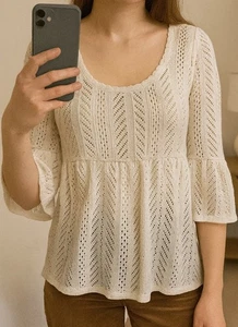 New Look White Crochet Open Knit Stretchy Tiered Peplum Top Size S/M - Picture 1 of 9