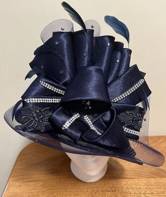 Ms. Divine Elegant Blue Women's Hat Rhinestone Ribbons Feathers Church Wedding - Image 1 of 4