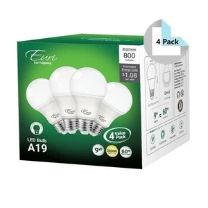 Euri Lighting EA19-6100-4 (4 Pack) Warm White LED Light Bulbs - 3000K, 9W=60W - Picture 1 of 6
