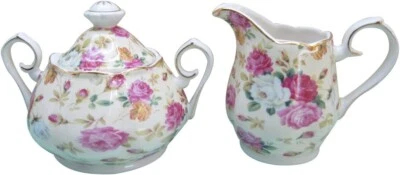 COASTLINE IMPORTS Gracie China Rose Chintz Porcelain Sugar and Creamer Set, Cream Cottage Rose