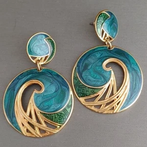Vintage Berebi Gold Tone Earrings Blue Green Enamel Wave Pattern Dangle Post - Picture 1 of 7