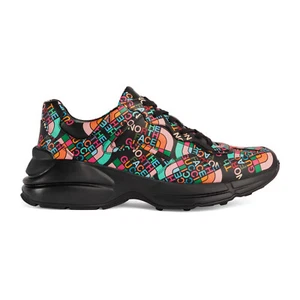 Authentic Men's The North Face X Gucci Black Leather Rhyton Sneakers 685739 New - Picture 1 of 7