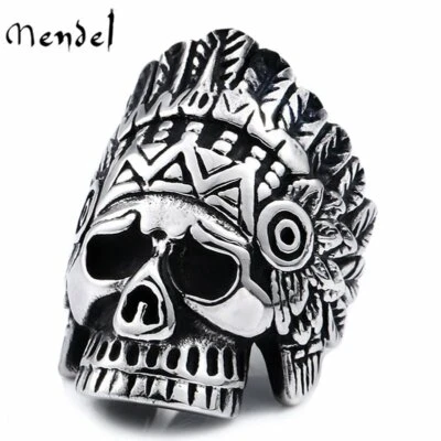 MENDEL мужской вне закона панк индийский вождь мотоциклиста череп кольцо из нержавеющей стали размер 7-15 - Изображение 1 из 4