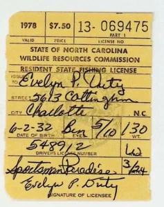 Vintage 1978 Charlotte North Carolina Fishing License #R216 - Picture 1 of 2