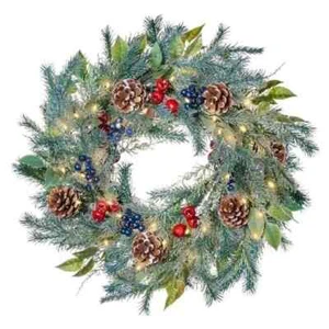 Spring Wreath with Lights, Green Door Wreath with Pine Cones and Berries, 20 - Picture 1 of 7