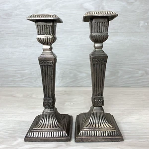 Candlestick Holders Silver Metal Column Square Base Tag Brand Heavy 8 1/4" - Picture 1 of 8