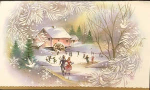 Vtg Christmas Greeting Card Winter Wonderland Victorian Couple Skating Dove Snow - Picture 1 of 2