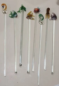 Vintage Hand Blown Glass Asst. Sea Life Cocktail Swizzle Sticks Stirrer Set Of 8 - Picture 1 of 15
