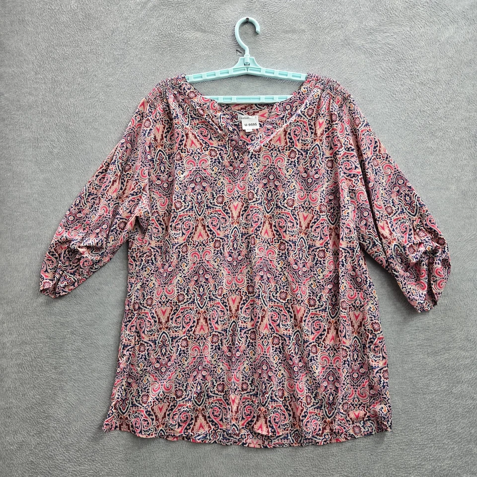 Croft & Barrow Women Blouse 2X Pink Paisley V-Neck Pullover - Image 1 of 4