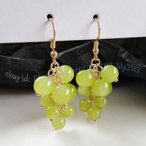 4/6mm Natural Green Peridot Gemstone Round Beads Grape Dangle Gold Hook Earrings - Picture 1 of 6