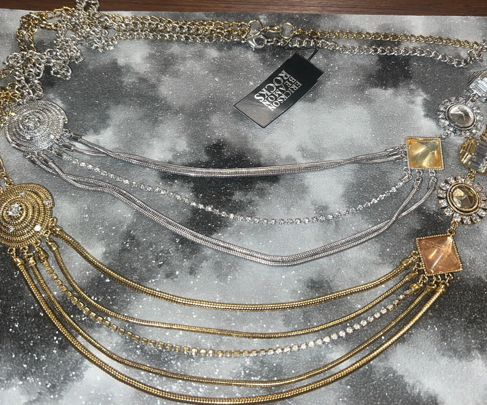 2 Erickson Beamon Rocks Swag Cadena Fondo Oro y Plata Foto 1 de 4