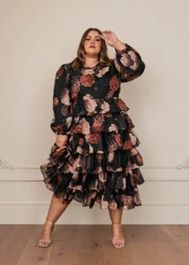 Jessakae Black Pink Blush Floral Tiered Ruffle Midi Misses Dress Size 5x NWT - Picture 1 of 5