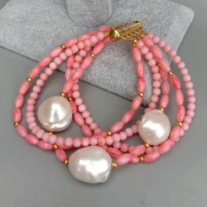 8" 5 rows Freshwater Cultured White Keshi Pearl Pink Coral Bracelet - Picture 1 of 6