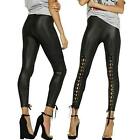 Women's Wet Look Lace Up Leggings Ladies High Waisted Tie-Up PVC Trousers Pants