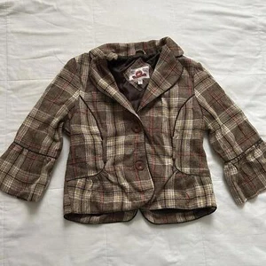 Y2K Brown and tan plaid wool blend blazer with bell sleeves and button closure - Picture 1 of 6