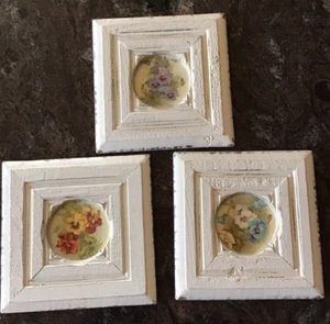 Framed 8.25” X 8.25” Miniatur Prints Set Of 3 Floral Pictures 4" Diameter Prints - Picture 1 of 8