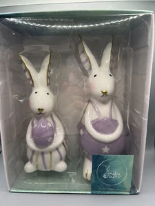 Modern Bunny Purple Easter Bunny Figurine Set Stripes Stars Farmhouse Decor NEW - Picture 1 of 7