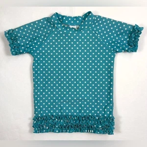 RUFFLE BUTTS Girl's Teal Polka Dot Ruffle Short Sleeve Swim Rash Guard Size 6 - Picture 1 of 8