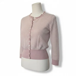 ANNA THOMAS M Cropped Cardigan Pink White Stripe 100% Cotton Knit 3/4 Sleeve - Bild 1 von 13