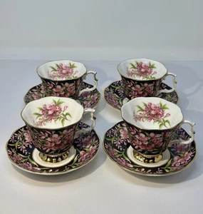 Royal Albert Floral Tea Party Cup & Saucer Set Black Pink Fireweed VTG ‘75 Qty 4 - Picture 1 of 5