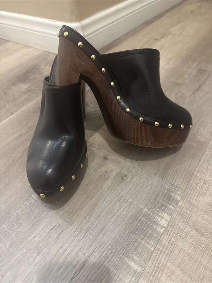 Zuecos de plataforma de tacón de madera sabana de cuero negro para mujer Elie Tahari 38,5/7,5 Foto 1 de 4