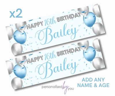 2 x Banners de Cumpleaños Personalizados Bebé Azul Plata Grande AÑADIR NOMBRE Y CUALQUIER EDAD Azul Foto 1 de 2