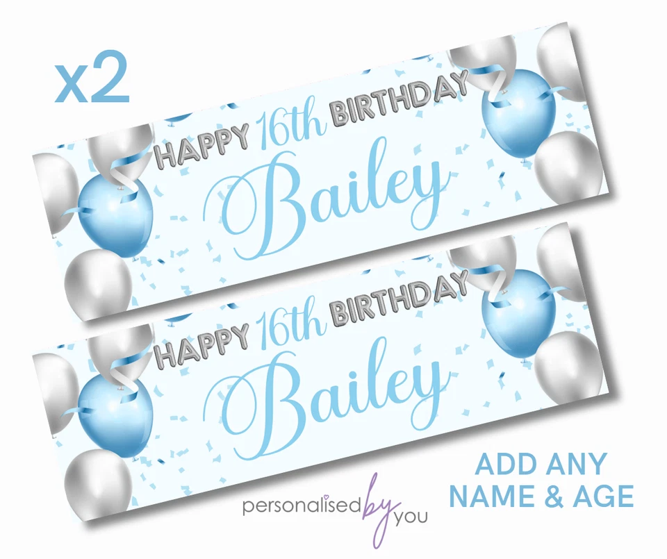 MADVINYL 2 x Personalised Birthday Banners Baby Blue Silver Large ADD NAME & ANY AGE Blue
