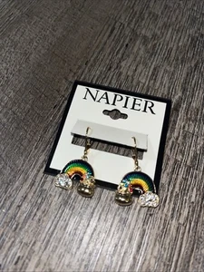 New Napier Gold Tone St. Patrick's Day Lucky Rainbow Pot of Gold Drop Earrings - Picture 1 of 3