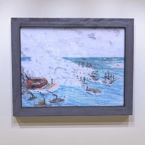 Vintage Folk Art Painting Naval Battle at Fort Sumter 18" x 14" Framed - Picture 1 of 7