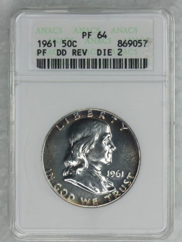 OLD ANACS PF64 DDR DIE 2 1961 FRANKLIN SILVER HALF DOLLAR PROOF 50c  (BC57) Cover