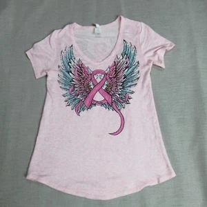 Liberty Wear T Shirt Womens Medium Pink Eagle Wings Rhinestone Breast Cancer Tee - Picture 1 of 11