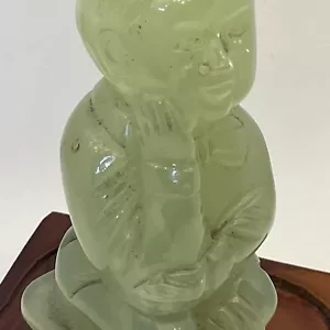 Vintage Green Carved Chinese Jade Thinking Man Boy Child Gem Stone Figurine Base - Picture 1 of 19