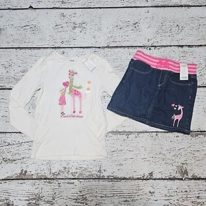 GYMBOREE 9 Girls Cream Giraffe T-Shirt and Denim Skort "Loveable Giraffe" 9 - Picture 1 of 3